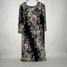 Bob Mackie Wearable Art Black Pink Floral Pullover Dress Stretch M 3/4 Sleeve