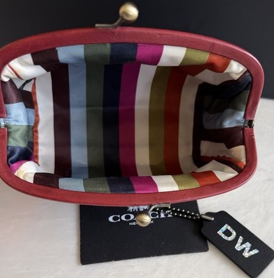 COACH KHAKI/RED SIGNATURE LEGACY STRIPED LINING KISSLOCK COSMETIC