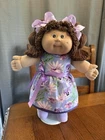 1980s Cabbage Patch Kid Brunette Brown Eyes HM8 Purple Floral Dress Pansy Daisy
