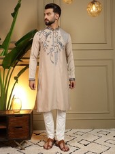 Men  s Beige Embroidered Kurta Pajama Set Viscose Silk Wedding Party Wear