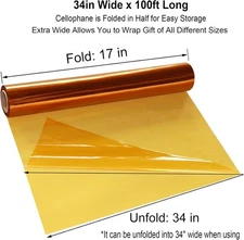 34in x 100ft Gold Cellophane Wrap Roll, Transparent Gold Cellophane Roll, Hal...