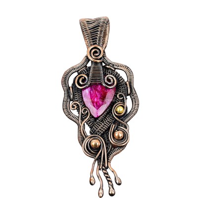 Kashmir Rubi Wire Wrapped Pendant Handcrafted Copper Holiday Jewelry 3.74