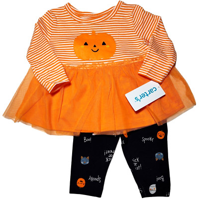 New Toddler Girl Carters Halloween Pumpkin Tutu Top & Allover Print Leggings Set