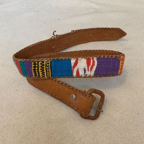 Vintage Size 32 Guatemalan Colorful Embroidered Boho Folk Leather Belt - Afbeelding 1 van 9