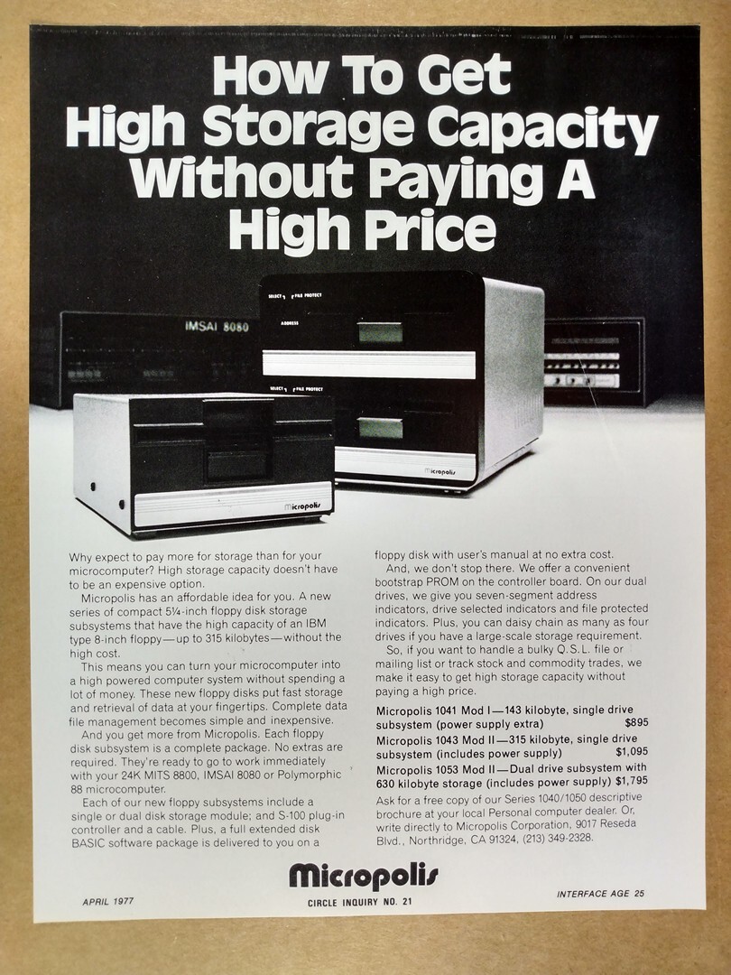 1977 Micropolis 1040/1050 Floppy Disk Storage vintage print Ad