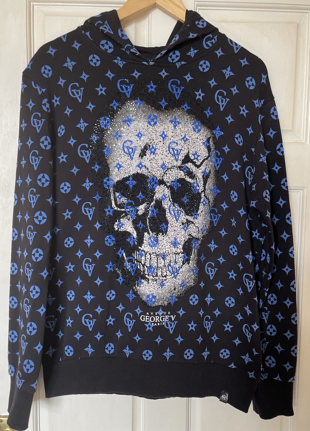 Avenue George V Paris Para Hombres Grande Estrás Calavera Sudadera con Capucha Negra Ropa de Calle