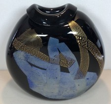 Abstract Art Glass Vase Handblown Black Large 11  X 11  X 5  , 10.5lbs