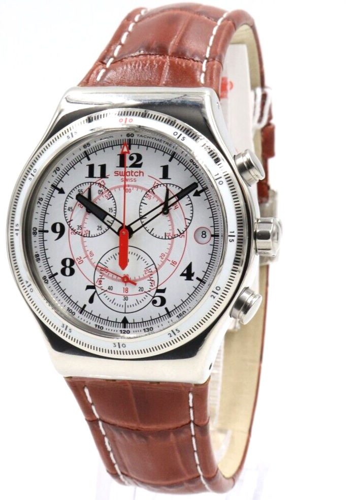 New Swiss Swatch Irony Chrono Back To The Roots Brown Leather