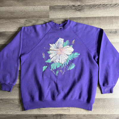 VTG Flower Sweatshirt Size XL Raglan Pullover Purple Lee VTG Flower Sweatshirt Size XL Raglan Pullover Purple Lee