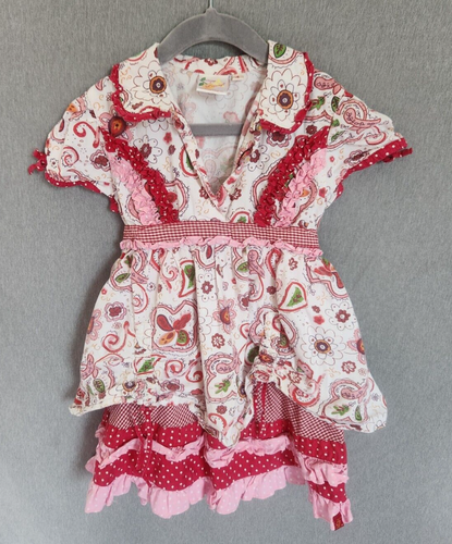 Girls Floral Dress By Le Fromage Et L'Orange Easter Sz 4 Ruffles Red White Pink