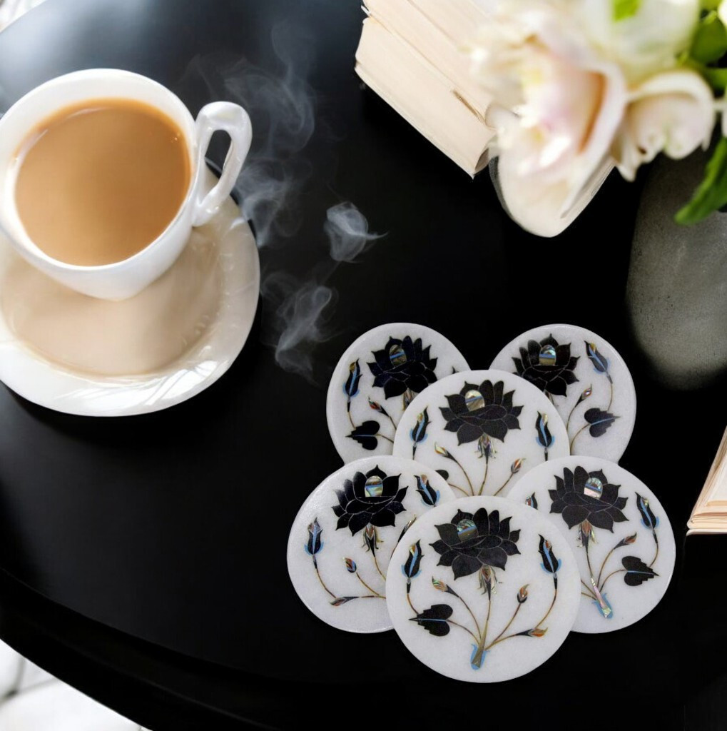 Set De 6 Dessous De Verre En Marbre Avec Incrustations Florales En Nacre - Artisanal