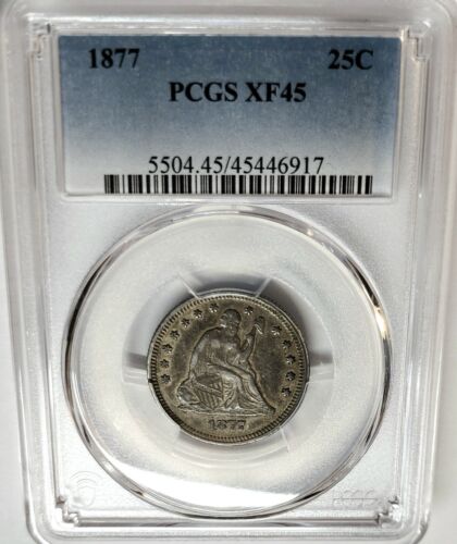 CHOICE 1877 Seated Liberty Quarter 25c PCGS XF-45 Beautiful Higher Grade Coin - Picture 1 of 4