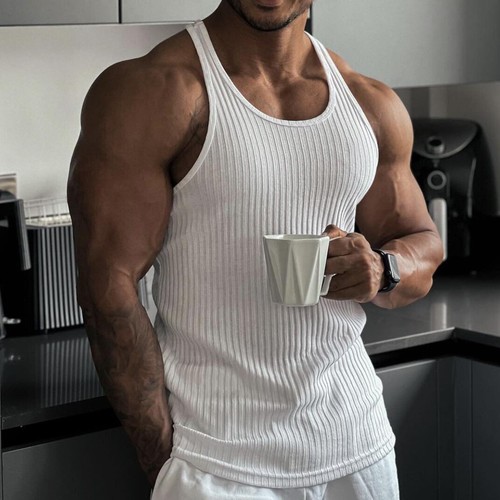 Men's Workout Tank Tops Sleeveless Ribbed Knit T Shirt Muscle Gym Fitness Tee - Picture 20 of 37