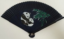 VTG Panda Bear Oriental Fan Black Background Cute Panda Family Bamboo Leaves