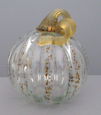 Art Glass Clear with Brown Spots Pumpkin with Curled Stem
