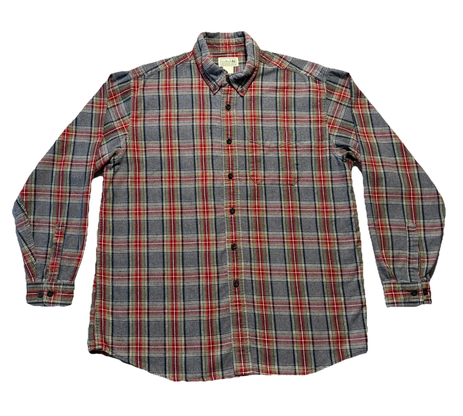 L.L. Bean Men’s Flannel Shirt Large Gray Red Plaid Regular Fit Outdoor