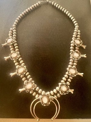 Vintage Native American Silver Mother Of Pearl Squash Blossom Necklace Stunning