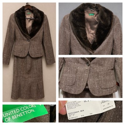 NWOT United Colors Benetton Womens Brown Tweed Set Skirt Jacket Suit Fur trim 38