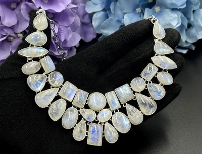 925 Sterling Silver Moonstone Gemstone Handmade Jewelry Necklace Size-18''