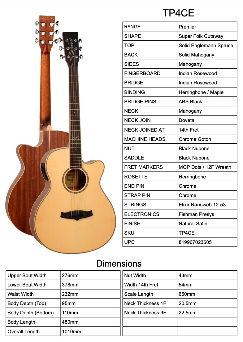 NEW Premier Guitar, High End Tanglewood Electro Acoustic Super Folk,Model TP4CE,