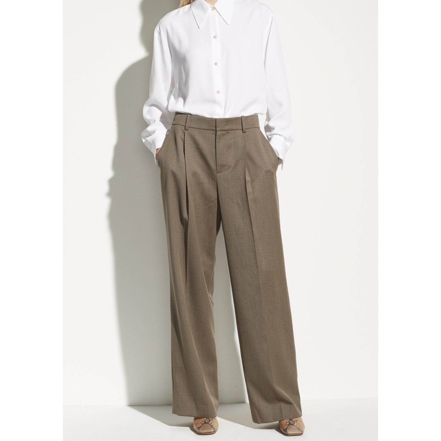 Vince Tailored Twill Pleated High Rise Wide Leg Trousers Brown Crop Pant Size 2