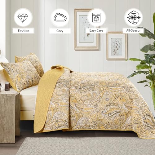 Yellow Paisley Quilt Set Full Size - 3 Pieces Boho Paisley Quilt Bedspread - Picture 4 of 8