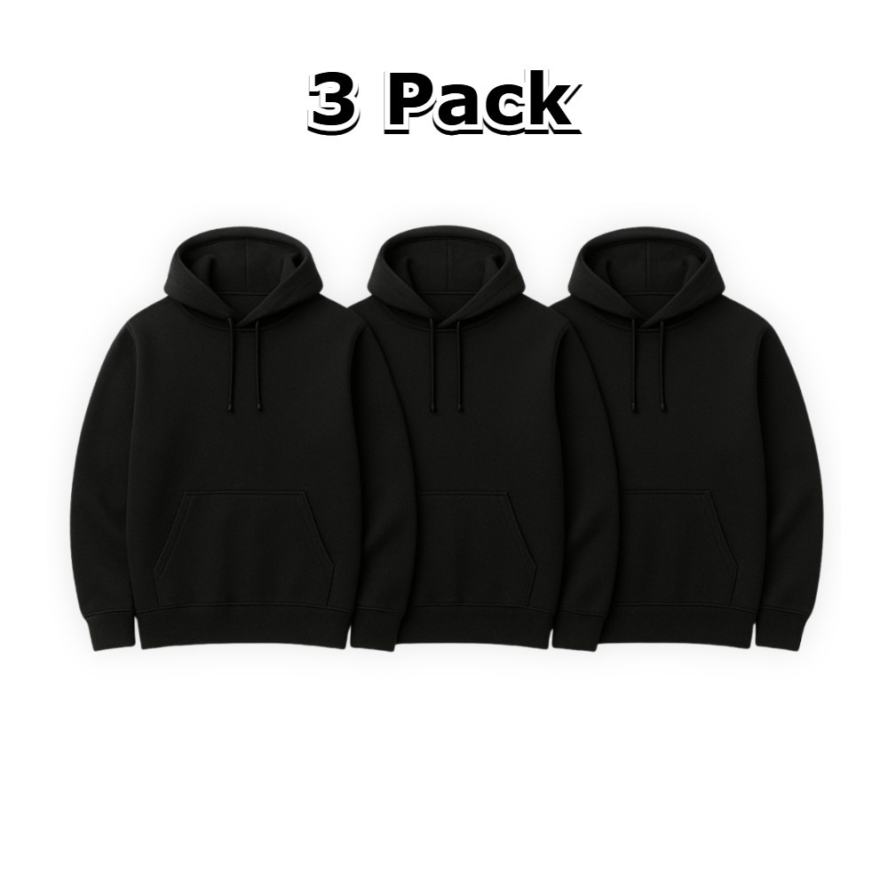 3 Pack Black Hoodies Unisex Plain Pullover Sweatshirt Street