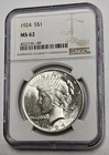 1924 P Philadelphia Mint Peace Silver Dollar $1 NGC MS 62