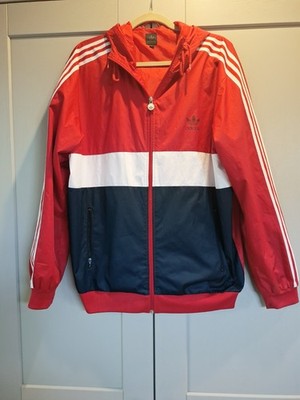 Adidas Y2K 2000s Trainingsjacke rot blau weiß mit Kapuze Große L drei Streifen