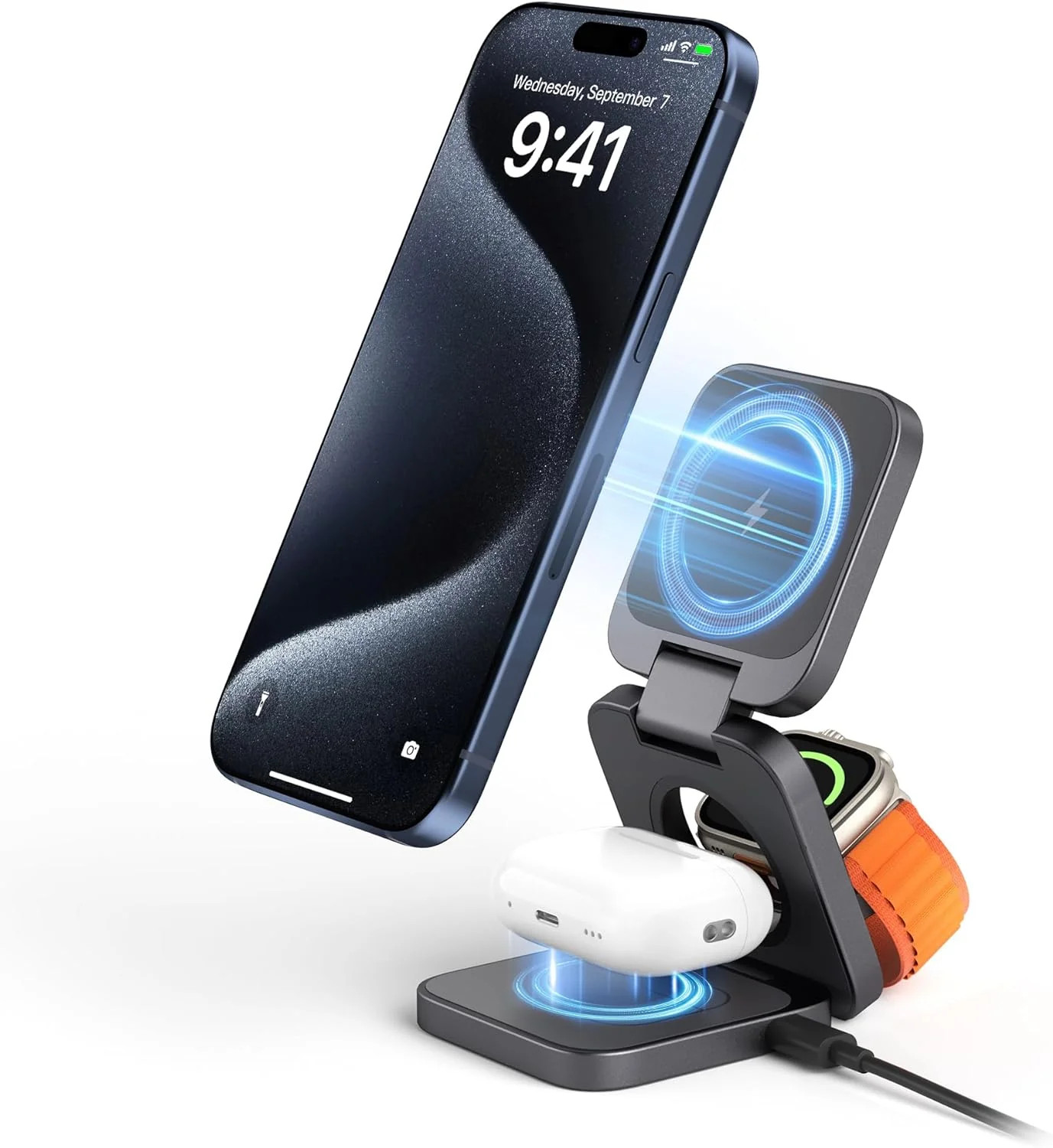 Chargeur induction 3en1 pliable en aluminium pour éliminer les câbles de smartphone