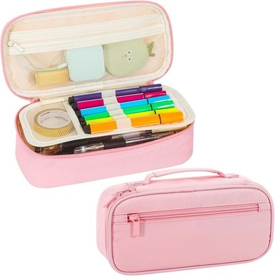 Pink Pencil Case with Handle, Portable Statery Case, Pencil Pouch,