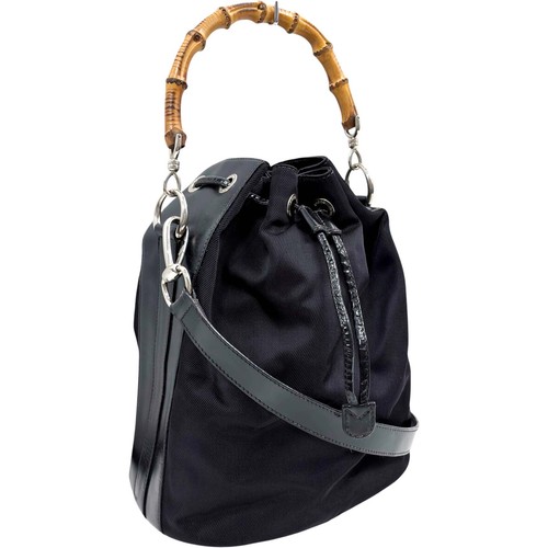 Gucci 001 2040 1657 Bamboo 2Way Shoulder Bag Black Handbag Used
