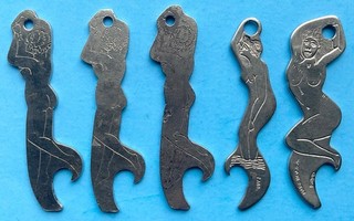 BEER BOTTLE OPENER x5 NUDE WOMAN GIRL FIGURAL DENVER MONTANA GLOBE BREWING ETC…