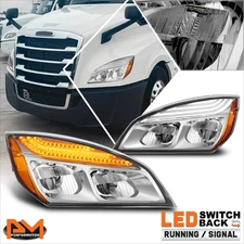 For 18-24 Freightliner Cascadia Full LED Switchback Headlights Lamp Chrome/Amber
