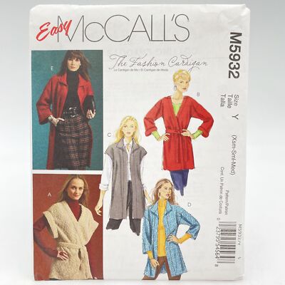 McCalls 5932 Loose Cardigan Jacket Open Front Misses Size XS M Sewing Pattern
