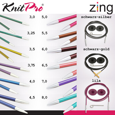 KnitPro Zing Austauschbare Nadelspitzen 10,5 cm in 12 Größen und passende Seile