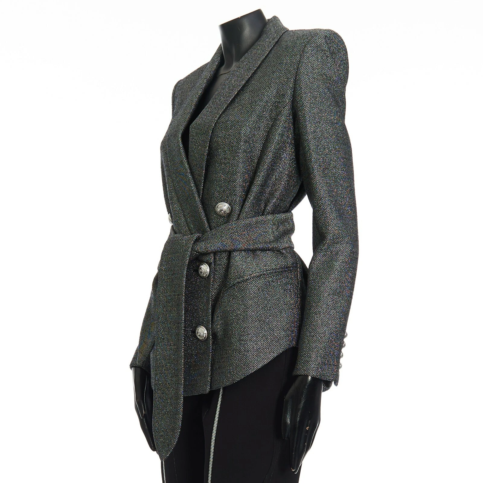 Balmain — BALMAIN 3190$ Double Breasted Blazer Jacket - Belted Waist, Silver Wool Blend