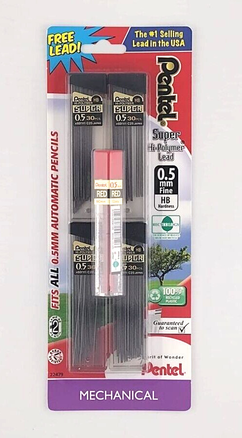 120-PCS NEW Pentel Super Hi-Polymer .5mm HB Lead Pencil Refills Black + Red Tube