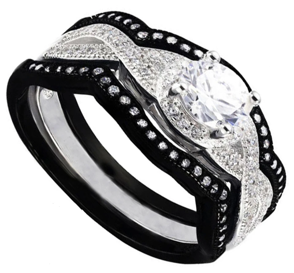Silver ring  set of 3 pc Real 925 Sterling weddings black stones Women Band - Image 2 of 4