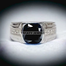 Black Onyx Cushion Cut Gemstone With 925 Sterling Silver Ring For Men's #232 *
