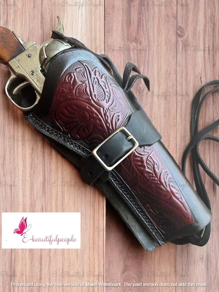 Leather Handcrafted &Tooled Flower Double toned Gun Revolver Holster Western - Image 2 of 4