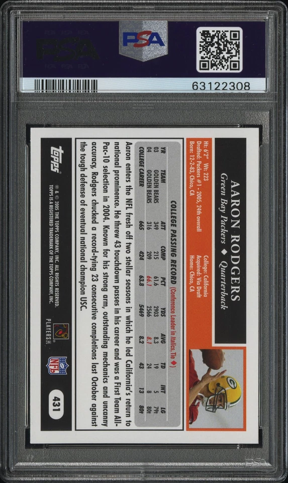 2005 TOPPS #431 AARON RODGERS RC PACKERS PSA 10 - Image 2 of 2