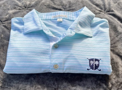 Peter Millar Golf Polo- Soft Cotton- Mens L- Baby Blue White Stripe- Timiquana