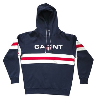 Gant Navy Relaxed Fit Shield Sweatshirt Hoodie w/ Red & White Stripes Men's L 