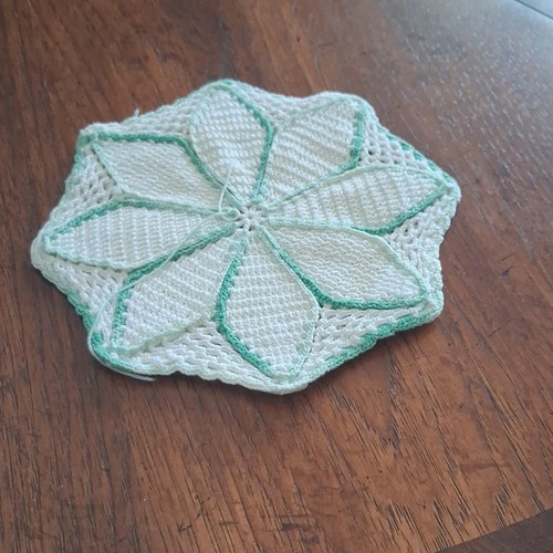 Handmade Hand Crocheted Doily White w/ Green Trim Flower Design, Approx 7 in