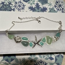 Green Sea Glass Pendant Necklace Silver Tone Starfish Shell Charm Beach Theme