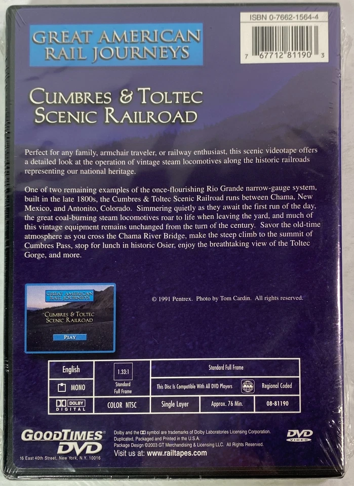 Great American Rail Journeys: Cumbres & Toltec Scenic Railroad, DVD 1991 New - Image 2 of 3