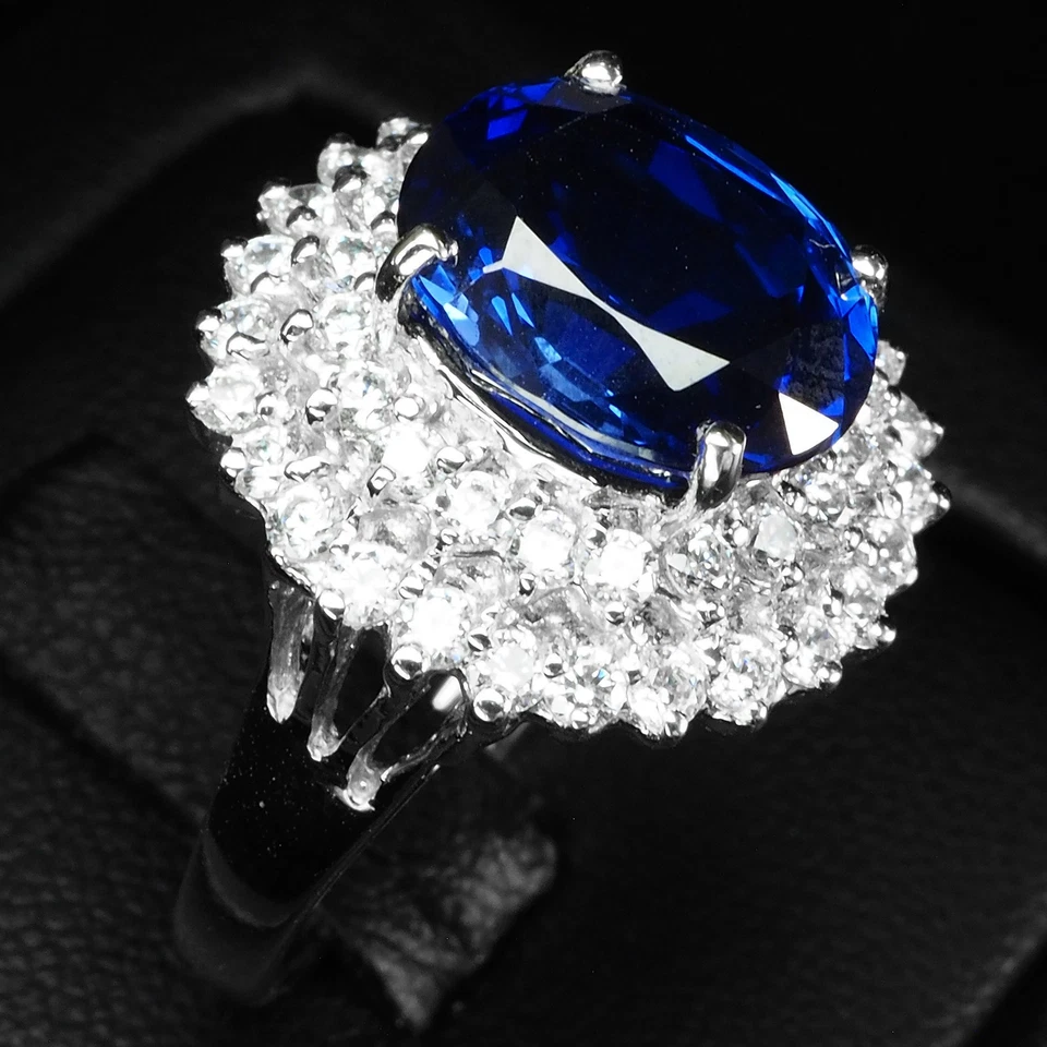 Bagues ovales gracieuses en argent sterling 925 et or blanc saphir bleu royal... - Photo 3/4
