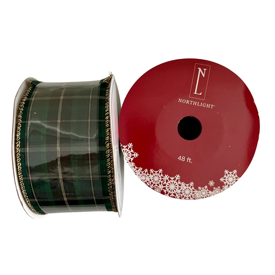 Green Navy Gold Tartan Wired Ribbon, Ralph Lauren Christmas 4yds/ 48' -TWO Rolls - Image 4 of 4