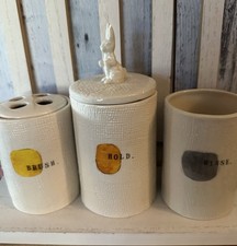Rae Dunn Extremely RARE 2012 3pc BATHROOM set Brush, Hold, Rinse Holder Canister